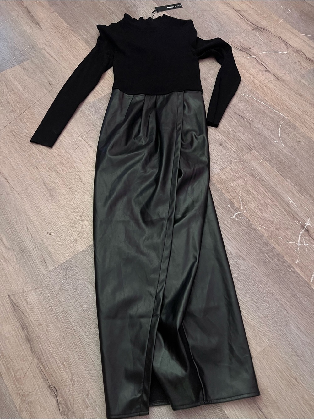 Fashion Nova Black Faux Leather Maxi Dress with Knit Bodice